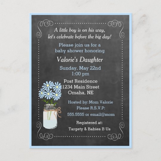 Mason Jar With Flowers Blue Baby Shower Invitation Postcard Zazzle Com