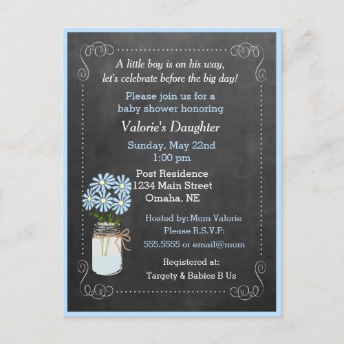 Mason Jar with Flowers Blue Baby Shower Invitation Postcard