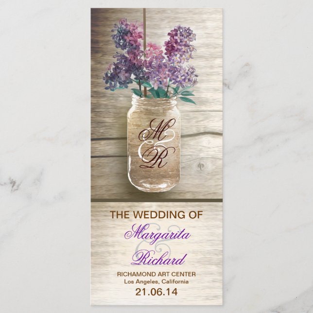mason jar with lilacs rustic wedding programs (Front)