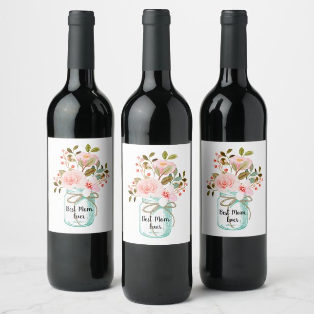 Mason Jar with Pink Flowers Mom Gift Idea Wine Label (Bottles)