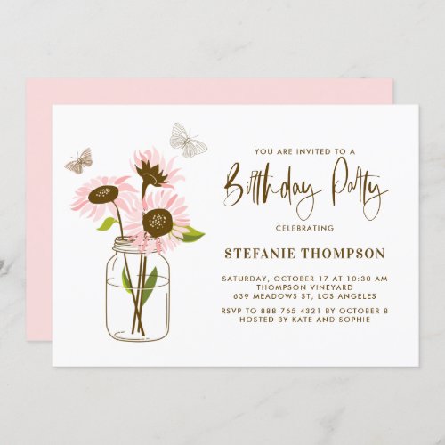 Mason Jar with Pink Sunflowers Birthday Party Invitation