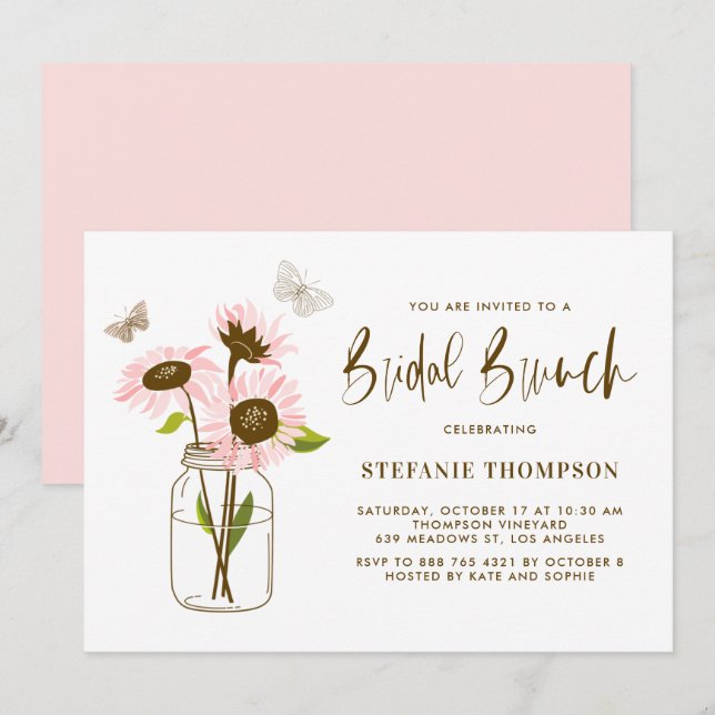 Mason Jar with Pink Sunflowers Bridal Brunch Invitation (Front/Back)