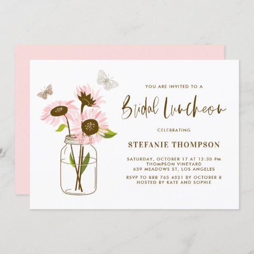 Mason Jar with Pink Sunflowers Bridal Luncheon Invitation