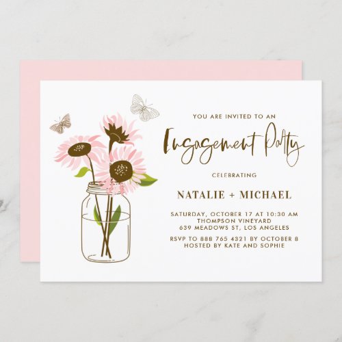 Mason Jar with Pink Sunflowers Engagement Party Invitation