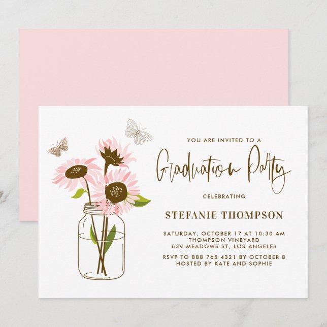Mason Jar with Pink Sunflowers Graduation Party Invitation (Front/Back)