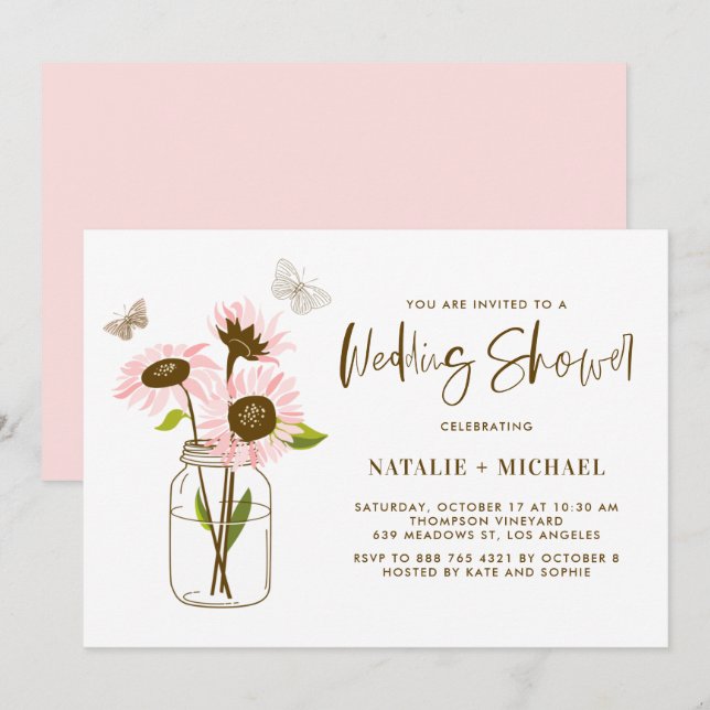 Mason Jar with Pink Sunflowers Wedding Shower Invitation (Front/Back)