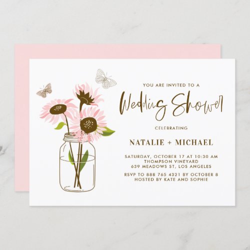Mason Jar with Pink Sunflowers Wedding Shower Invitation