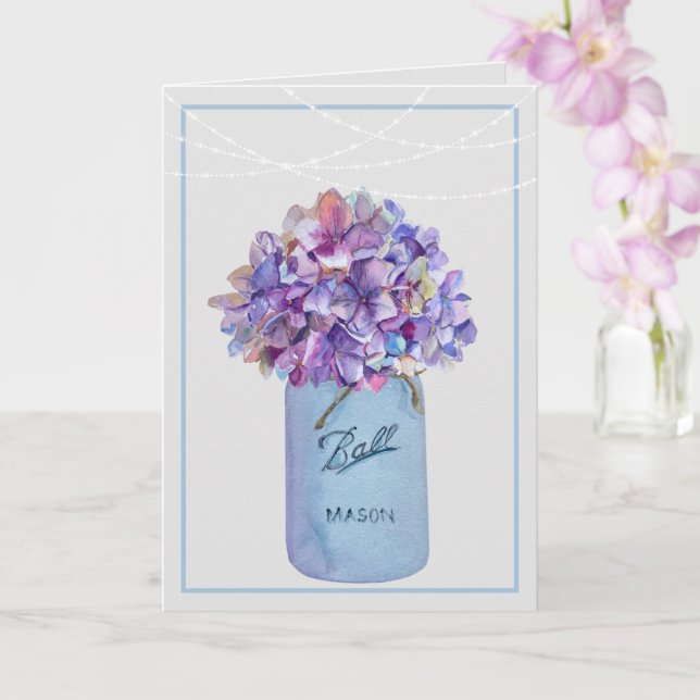Mason Jar With Purple Hydrangeas  String Lights Card (Orchid)