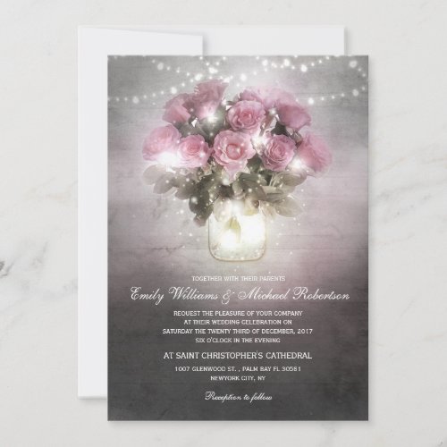 Mason jar with roses string light wedding invitation