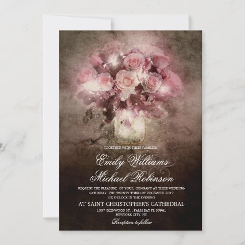 Mason jar with roses string light wedding invitation