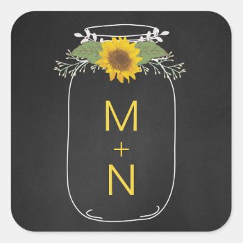 Mason Jar With Sunflowers Monogram Wedding Favor Square Sticker by lemontreeweddings at Zazzle