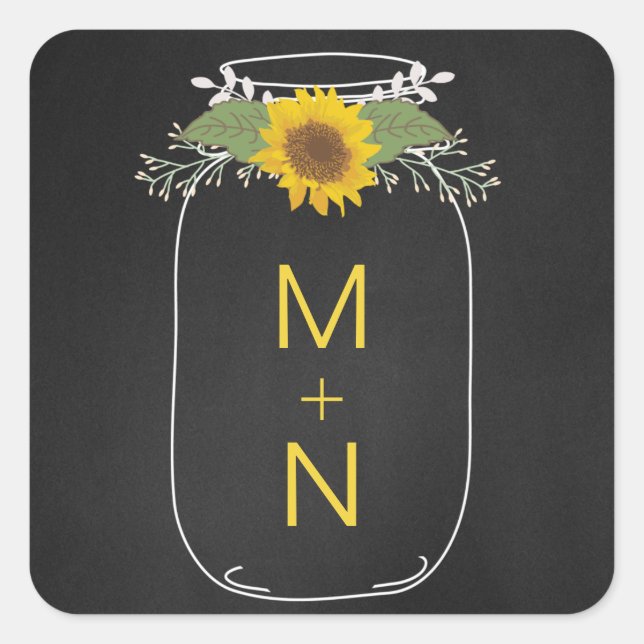 Mason Jar with sunflowers monogram wedding favor Square Sticker (Front)