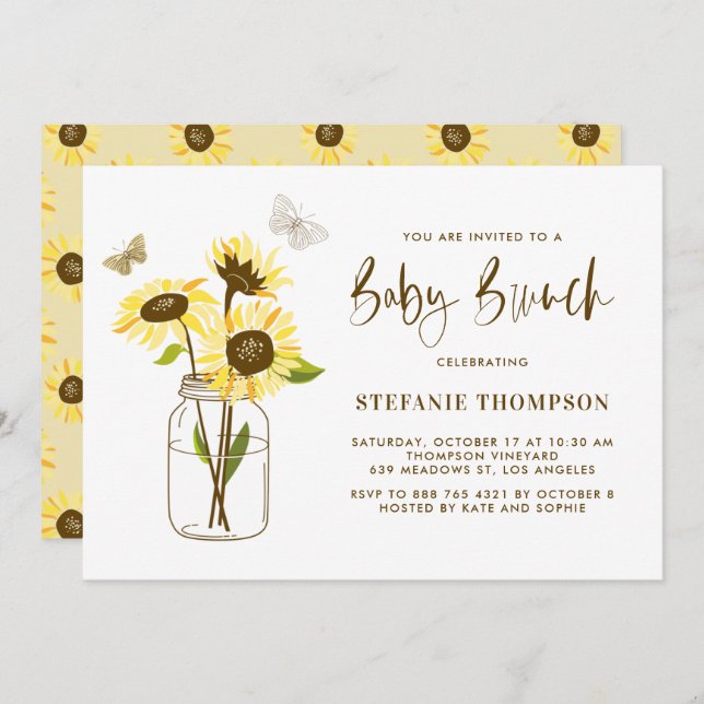 Mason Jar with Yellow Sunflowers Baby Brunch Invitation (Front/Back)