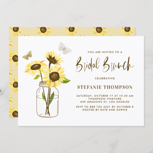 Mason Jar with Yellow Sunflowers Bridal Brunch Invitation (Front/Back)