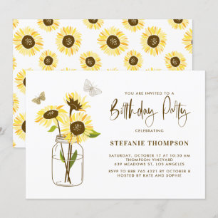 Mason Jar wth yellow Sunflowers Birthday Party Invitation