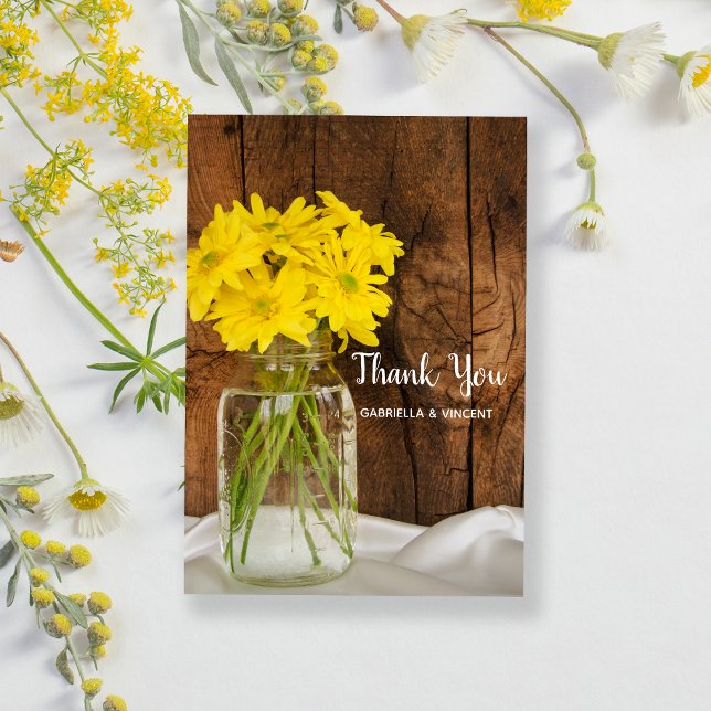 Mason Jar Yellow Daisies Barn Wedding Thank You Card (Creator Uploaded)