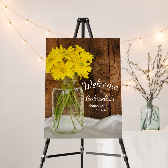 Mason Jar Yellow Daisies Quinceañera Barn Party Foam Board (In Situ (Stand))