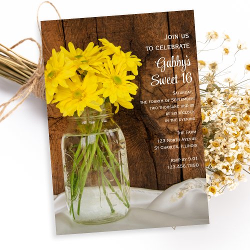 Mason Jar and Yellow Daisies Sweet 16 Party Invite