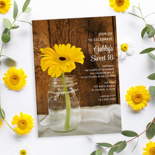 Mason Jar Yellow Daisy Sweet 16 Birthday Party Invitation