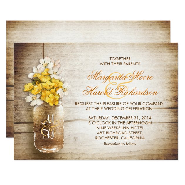 Mason Jar & Yellow White Flowers Wedding Invites