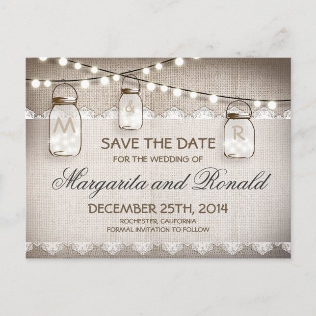 Mason Jars and burlap Lace Save the Date Announcement Postcard (Front)