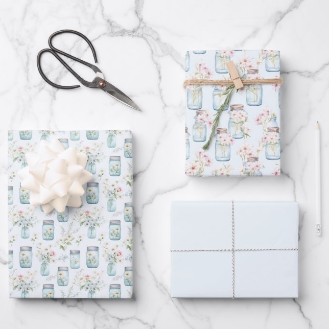 Mason Jars Blue White Florals Greenery Wrapping Paper Sheets (Front)