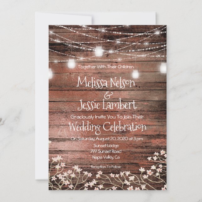 Mason Jars Lights Baby's Breath Rustic Wedding Invitation (Front)