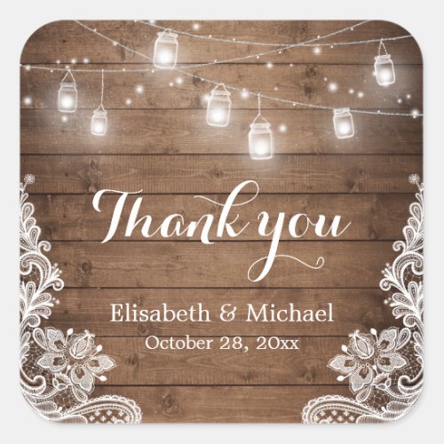 Mason Jars Lights Lace Rustic Wood Thank You Square Sticker