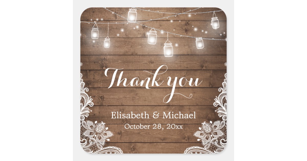 Mason Jars Lights Lace Rustic Wood Thank You Square Sticker