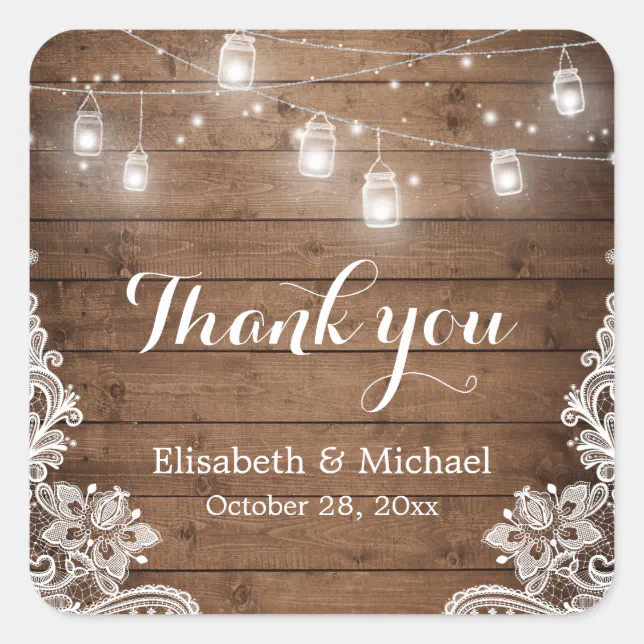 Mason Jars Lights Lace Rustic Wood Thank You Square Sticker | Zazzle