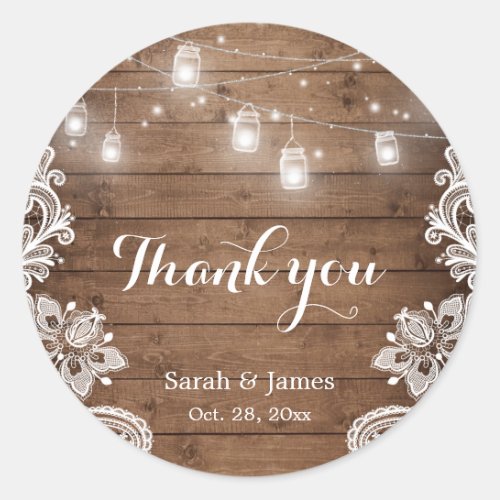 Mason Jars Lights Lace Rustic Wood Wedding Favor Classic Round Sticker