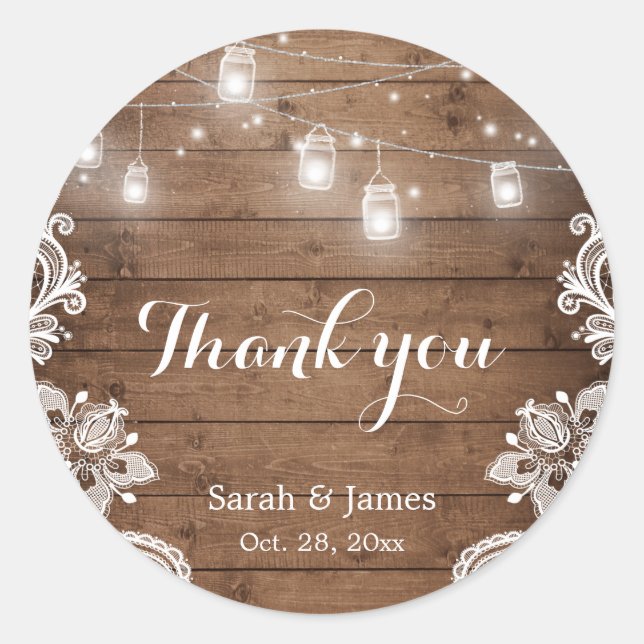 Mason Jars Lights Lace Rustic Wood Wedding Favor Classic Round Sticker (Front)