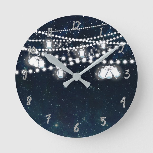 Mason Jars & Lights Night Evening Starry Sky Round Clock (Front)