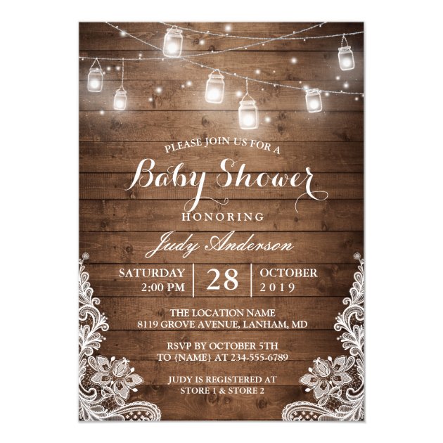 Mason Jars Lights Rustic Wood Lace Baby Shower Invitation