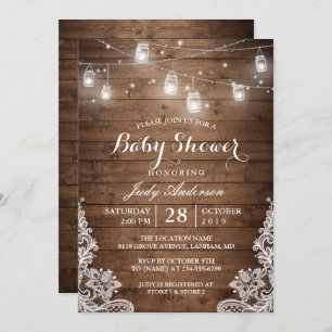 Mason Jars Lights Rustic Wood Lace Baby Shower Invitation