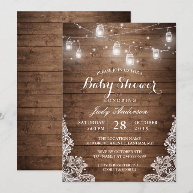 Mason Jars Lights Rustic Wood Lace Baby Shower Invitation (Front/Back)
