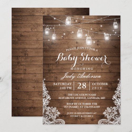 Mason Jars Lights Rustic Wood Lace Baby Shower Card