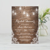 Mason Jars Lights Rustic Wood Lace Bridal Shower Invitation (Standing Front)
