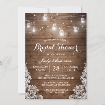 Mason Jars Lights Rustic Wood Lace Bridal Shower Invitation by CardHunter at Zazzle