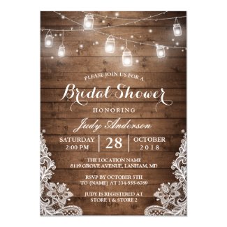Mason Jars Lights Rustic Wood Lace Bridal Shower Invitation