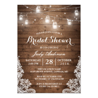 Mason Jars Lights Rustic Wood Lace Bridal Shower Invitation
