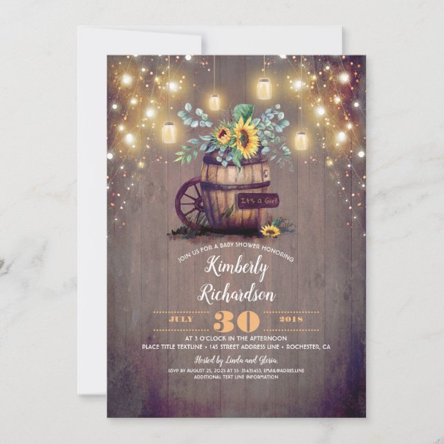 Mason Jars Lights Sunflowers Rustic Baby Shower Invitation (Front)
