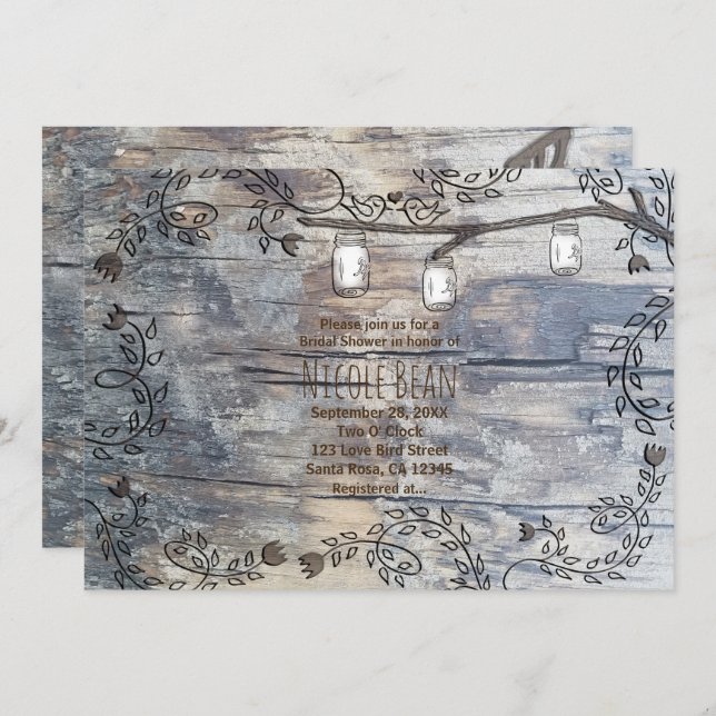 Mason Jars & Love Birds Rustic Branch Invitation (Front/Back)