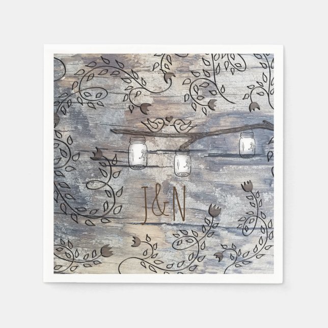 Mason Jars & Love Birds Rustic Branch Wedding Napkins (Front)