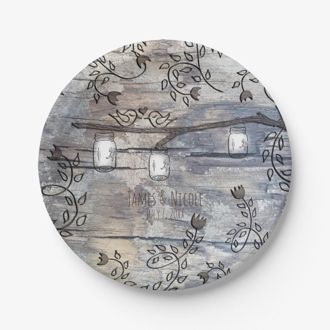 Mason Jars & Love Birds Rustic Branch Wedding Paper Plates (Front)