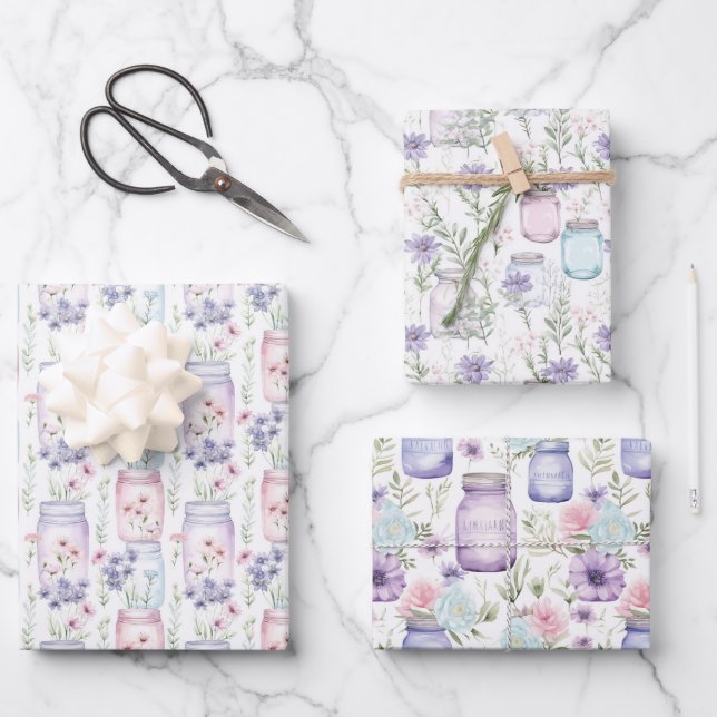 Mason Jars Purple Pink Florals Greenery Wrapping Paper Sheets (Front)