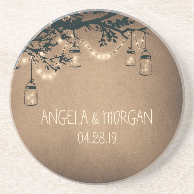 Mason Jars Rustic Fireflies Wedding Sandstone Coaster (Front)