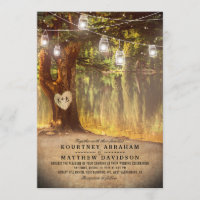 Mason Jars Rustic Tree Lake Twinkle Lights Wedding Invitation