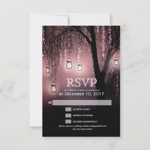Mason Jars String Lights Elegant RSVP card - Rustic mason jars and string lights on old willow tree country wedding save the date postcard for summer, fall, spring or winter wedding! Perfect design for the country wedding with mason jars lighting and strings of lights decor with fairy dust