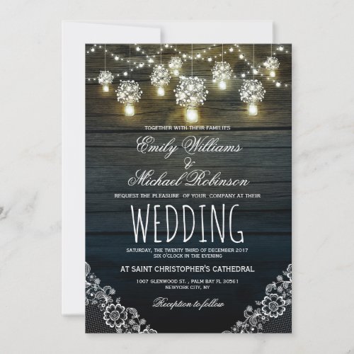 Mason Jars String Lights Elegant Rustic Wedding Invitation - Rustic mason jars with baby's breath flowers lace and string lights  wood background wedding invitation for summer, fall, spring or winter wedding! Perfect design for the country wedding with mason jars lighting and strings of lights decor. Contact me for any support in design customization. Matching products available
